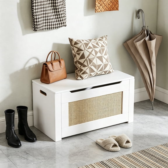 31.5" Large Storage Chest, Rattan Storage Bench with Flip Top Lid & Safety Hinge, Multifunctional Chest Box Organizer with Cut-Out Handle & Side Handles for Entryway, Living Room, Hallway, Bedroom
