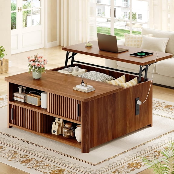 31.5" Lift Top Coffee Table with Charging Station, Fluted Wood Coffee Table with Hidden Storage & Hydraulic Lifter, Travertine Look Living Room Table with Sliding Doors for Home Office, Walnut