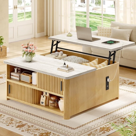 31.5" Lift Top Coffee Table with Charging Station, Fluted Wood Coffee Table with Hidden Storage & Hydraulic Lifter, Travertine Look Living Room Table with Sliding Doors for Home Office, White + Oak