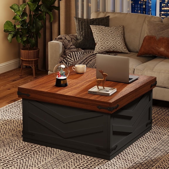 31.5'' Lift Top Coffee Table, Sliding Top Square Center Table with Large Hidden Storage Organizer, Multi-Functional Farmhouse Coffee Tables for Living Room, Bedroom, Home Office, Black