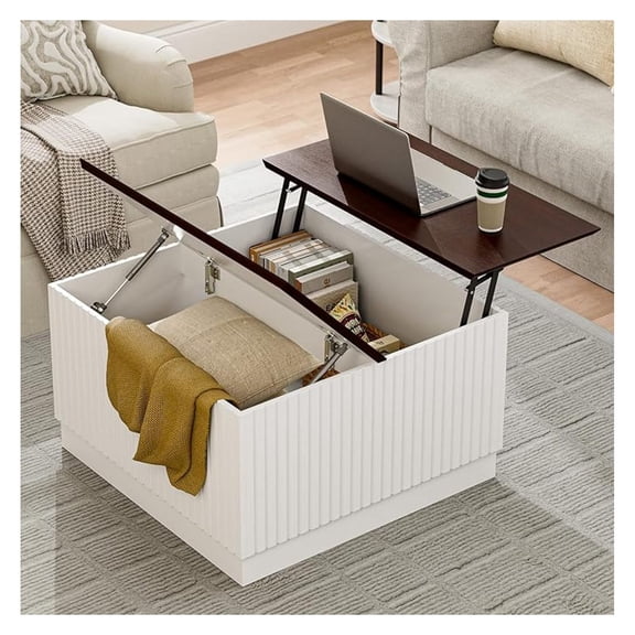 31.5" Lift Top Coffee Table with Storage, -Century Coffee Tables for Living Room, Square Dining Table with Large Storage Compartment & Adjustable Shelves, White & Walnut