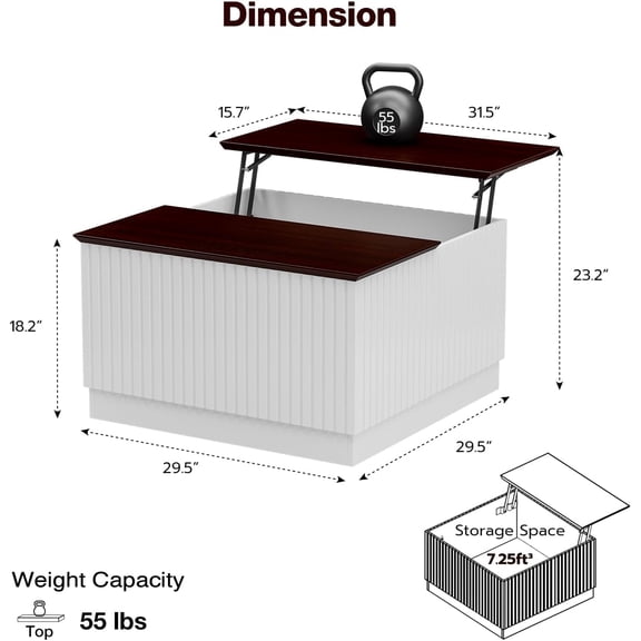 31.5" Lift Top Coffee Table with Storage, Mid- Coffee Tables for Living Room, Square Dining Table with Large Hidden Storage Compartment & Adjustable Shelves, White & Walnut