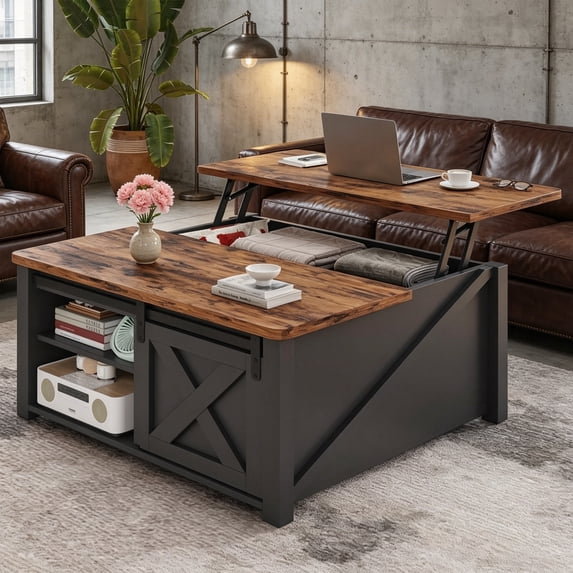 31.5" Lift Top Coffee Table with Storage, Square Coffee Table for Living Room, Farmhouse Coffee Table with Large Hidden Storage Compartment and Adjustable Shelves, Black