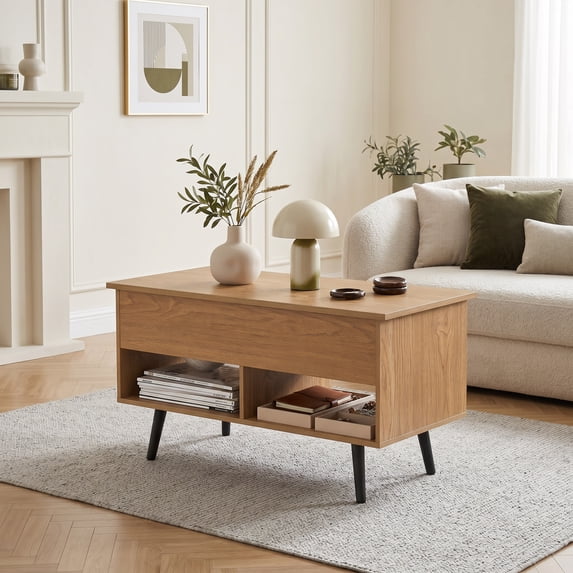31.5" Lift-Top Coffee Table with Hidden Storage, Modern Rectangle Center Table with 2 Open Shelves for Living Room,Natural