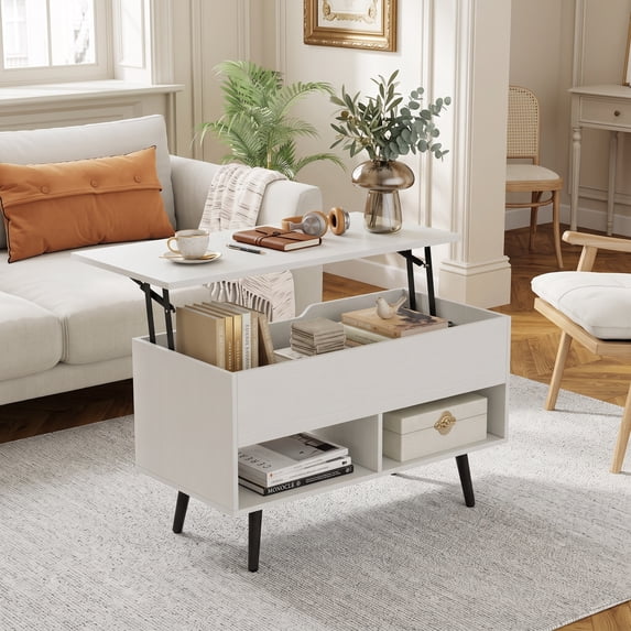 31.5" Lift-Top Coffee Table with Hidden Storage, Modern Rectangle Center Table with 2 Open Shelves for Living Room,White