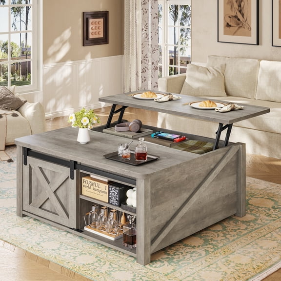 31.5" Lift Top Coffee Table with Storage, Farmhouse Square Coffee Table with Large Hidden Storage Compartment and Adjustable Shelves for Living Room