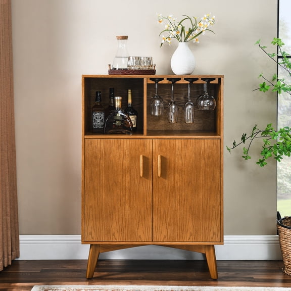 31.5" Living Room Sideboard | Versatile Storage for Wine, Decor & Small Appliances | MDF with Oak Veneer and Solid Wood Feet | Adds Modern Vintage to Living Space