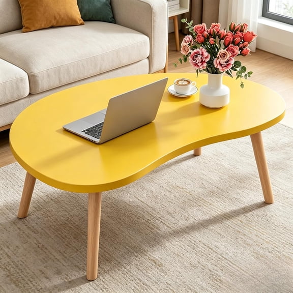 , 31.5" Low Coffee Tables with Solid Wood Legs, Floor Table Desk for Sitting on The Floor, Easy Assembly Small Japanese Coffee Table for Living Room, Apartment, Office (Large Mango Yellow)