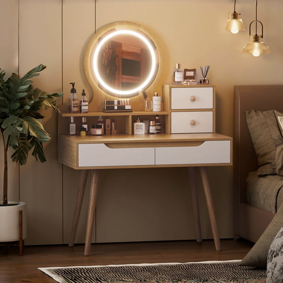 31.5'' Makeup Vanity Desk with 3 Adjustable Lighted Mirror with Solid Wood Table feet,Dressing Table Set with 4 Drawers and 3 Open Shelves for Small Space Bedroom,White+Light Yellow