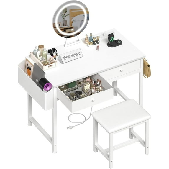 JEZWX 31.5" Vanity Desk with Mirror, Lights, Chair & Outlet