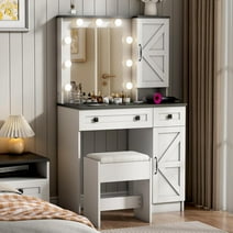 31.5" Makeup Vanity Desk with Lights, Farmhouse Vanity Table and Bench Set with Charging and Storage