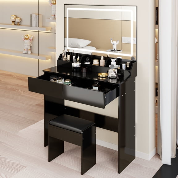 31.5" Makeup Vanity Table Set with Large LED Lighted Mirror, Small Space Vanity Desk with Drawers and Soft Cushioned Stool, 3 colors, Adjustable Brightness, Smart Touch Control, Black