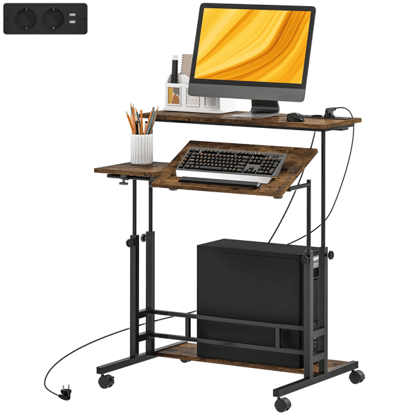 31.5" Manual Adjustable Standing Desk, 3-Panel Tiltable Desktop, 4 Lockable Casters, Particleboard & Steel Frame for Home Offices