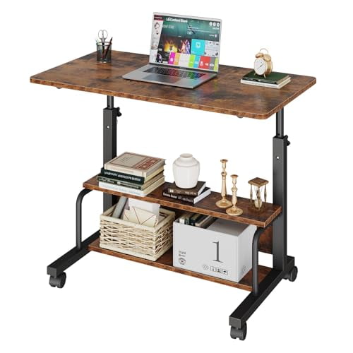 31.5" Manual Height Adjustable Computer Desk, Portable Rolling Table with Lockable Casters & Double Tier Storage, Ideal for Home Office & Small Work Areas