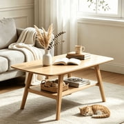 31.5" Mid-Century Coffee Table, Solid Oak Wood with Storage Shelf, Rounded Edges, Small Space Living Room Table, Oak