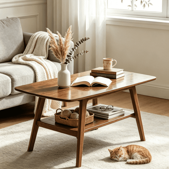 31.5" Mid-Century Coffee Table, Solid Oak Wood with Storage Shelf, Rounded Edges, Small Space Living Room Table, Walnut
