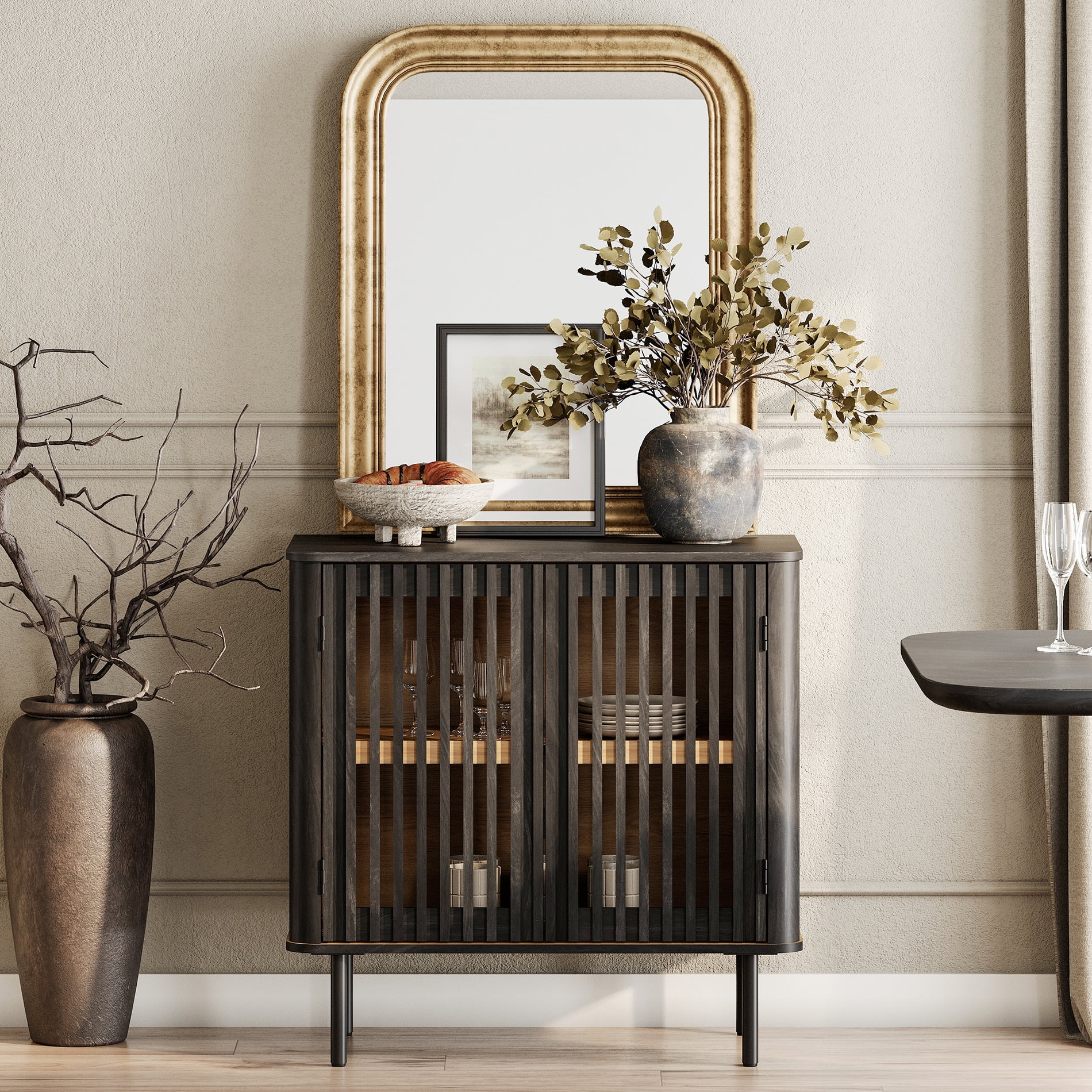 31.5" Mid Century Modern Sideboard Buffet Cabinet with Storage,Fluted Sideboard Cabinet with Adjustable Shelf, Black