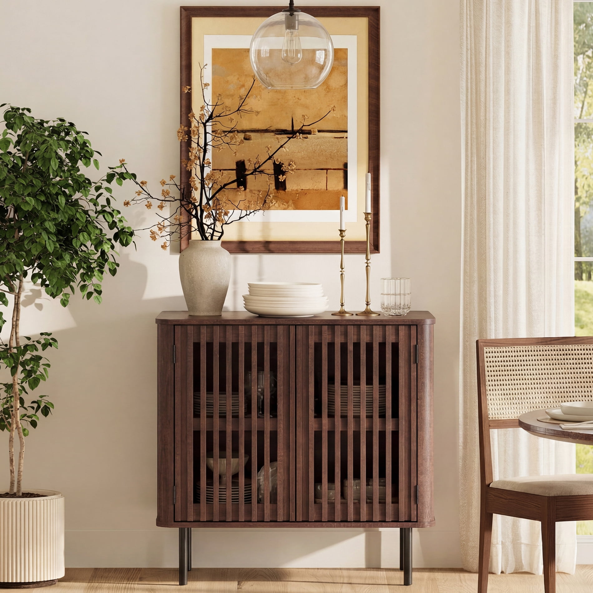 31.5" Mid Century Modern Sideboard Buffet Cabinet with Storage, Fluted Sideboard Cabinet with Adjustable Shelf,Walnut