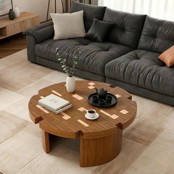 31.5" Mid-Century Mosaic Wooden Coffee Table, Layered Wood Splice Design for Living Room Decor