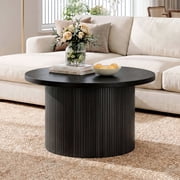 ROGALIS 31.5" Round Coffee Table, Tambour Design Coffee Table with Spacious Tabletop, Mid Century Modern Wood Coffee Table for Living Room,Black