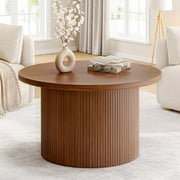 31.5" Mid Century Round Coffee Table, Modern Wood and Tambour Design Coffee Tables for Living Room, Walnut