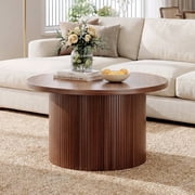 ROGALIS 31.5" Round Coffee Table, Tambour Design Coffee Table with Spacious Tabletop, Mid Century Modern Wood Coffee Table for Living Room,Walnut