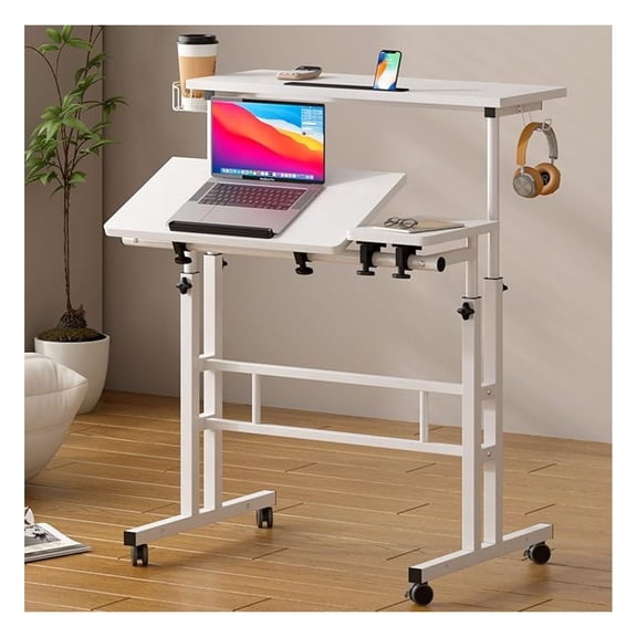31.5" Mobile Standing Desk - Adjustable Computer Cart with Wheels - Portable Laptop Stand - Home Office Workstation - White