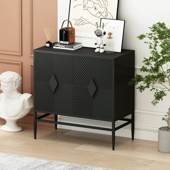 31.5" Modern Buffet Cabinet With 2 Square Handle And Doors Metal Legs 2-tier Wooden Kitchen Server Cabinets For Entryway