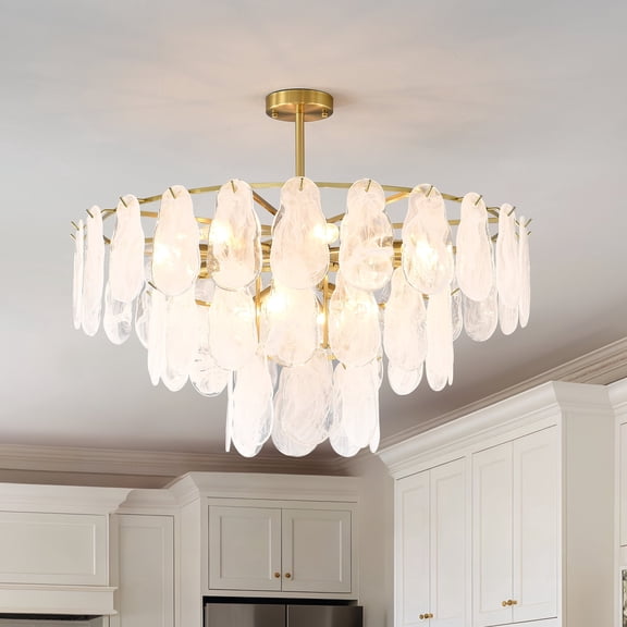 31.5" Modern Gold 3-Tier Cloud Glass Chandelier, 12-Light Pendant Ceiling Fixture for Living Room Dining Room Bedroom Foyer Entryway