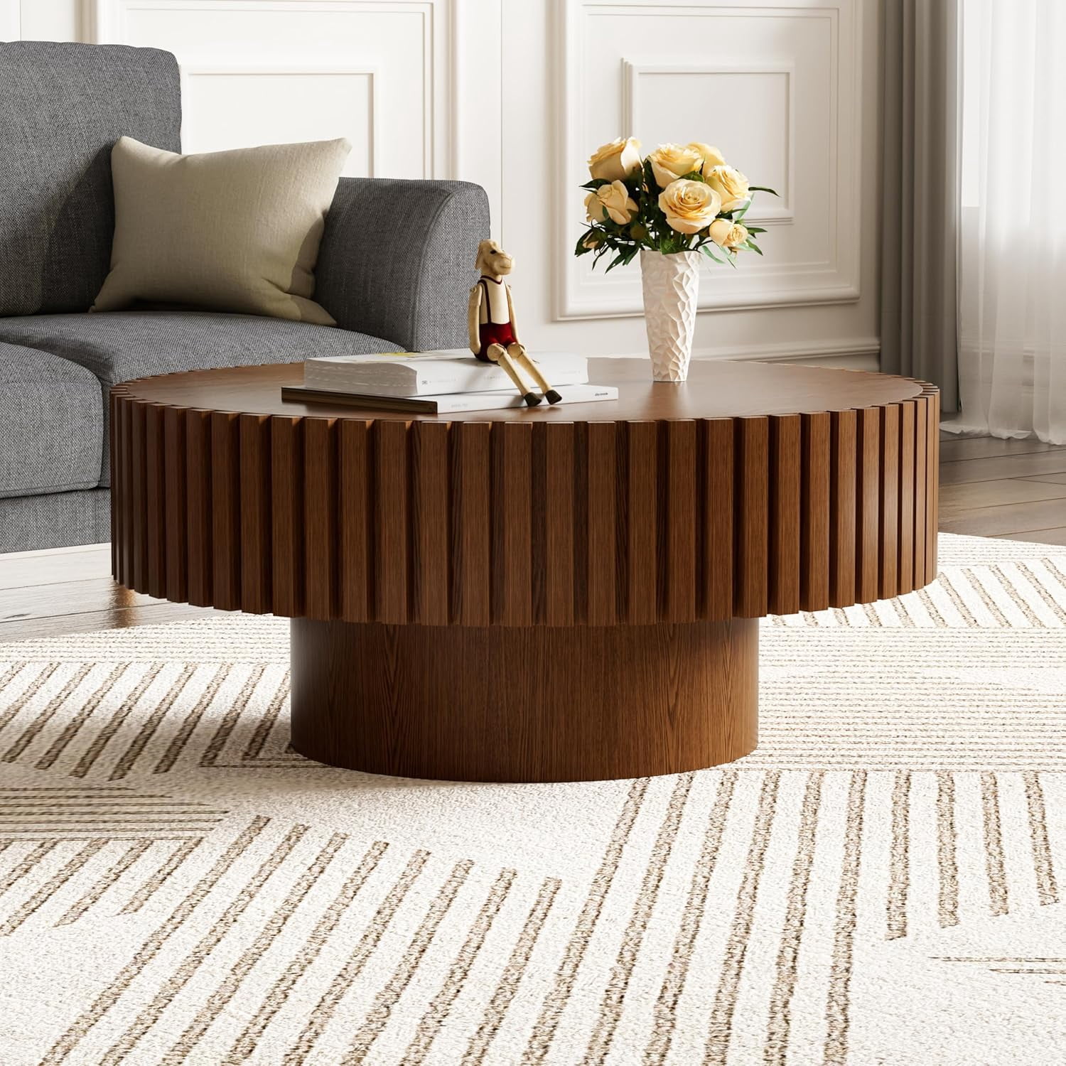31.49'' Round Wood Coffee Table  with Storage for Living Room, Modern Handcraft Drum Coffee Table, Circle Wooden Coffee Table for Small Space Apartment ASH.
