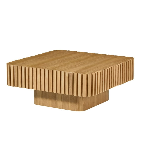 31.5" Modern Handcraft Drum Coffee Table, Square Coffee Table with Sturdy Pedesta, Wooden Center Table for Living Room, Apartment, Natural