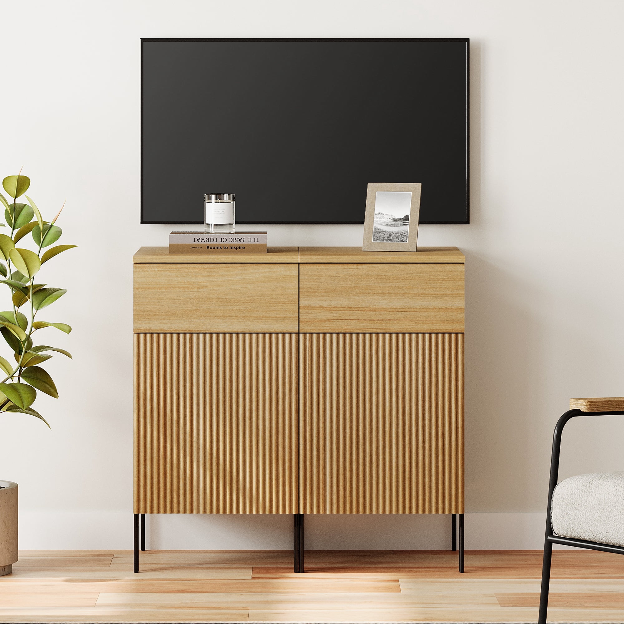 31.5" Modern Reeded TV Stand with Charging Station, Entertainment Center with Adjustable Shelves,Wooden TV Console with Drawers for Living Room