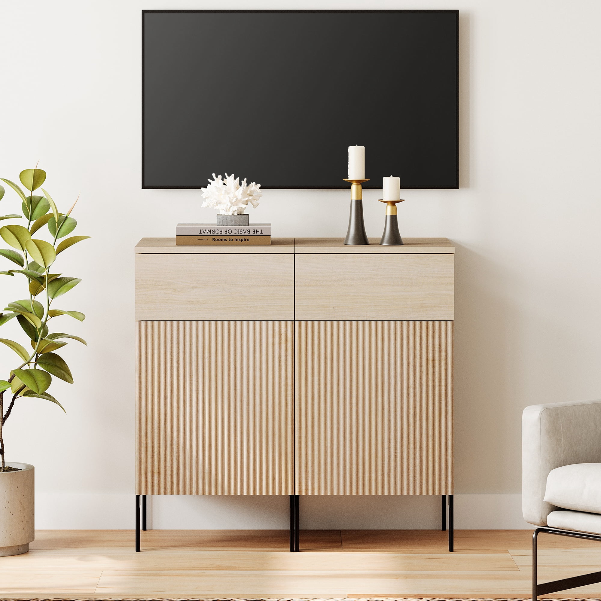 31.5" Modern Reeded TV Stand with Charging Station, Entertainment Center with Adjustable Shelves,Wooden TV Console with Drawers for Living Room