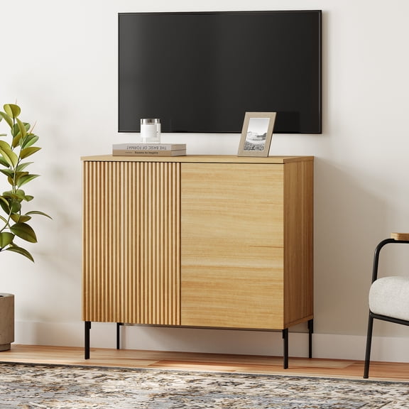 31.5" Modern Reeded TV Stand with Doors, Entertainment Center with Shelf, Wooden TV Console with Storage for Living Room