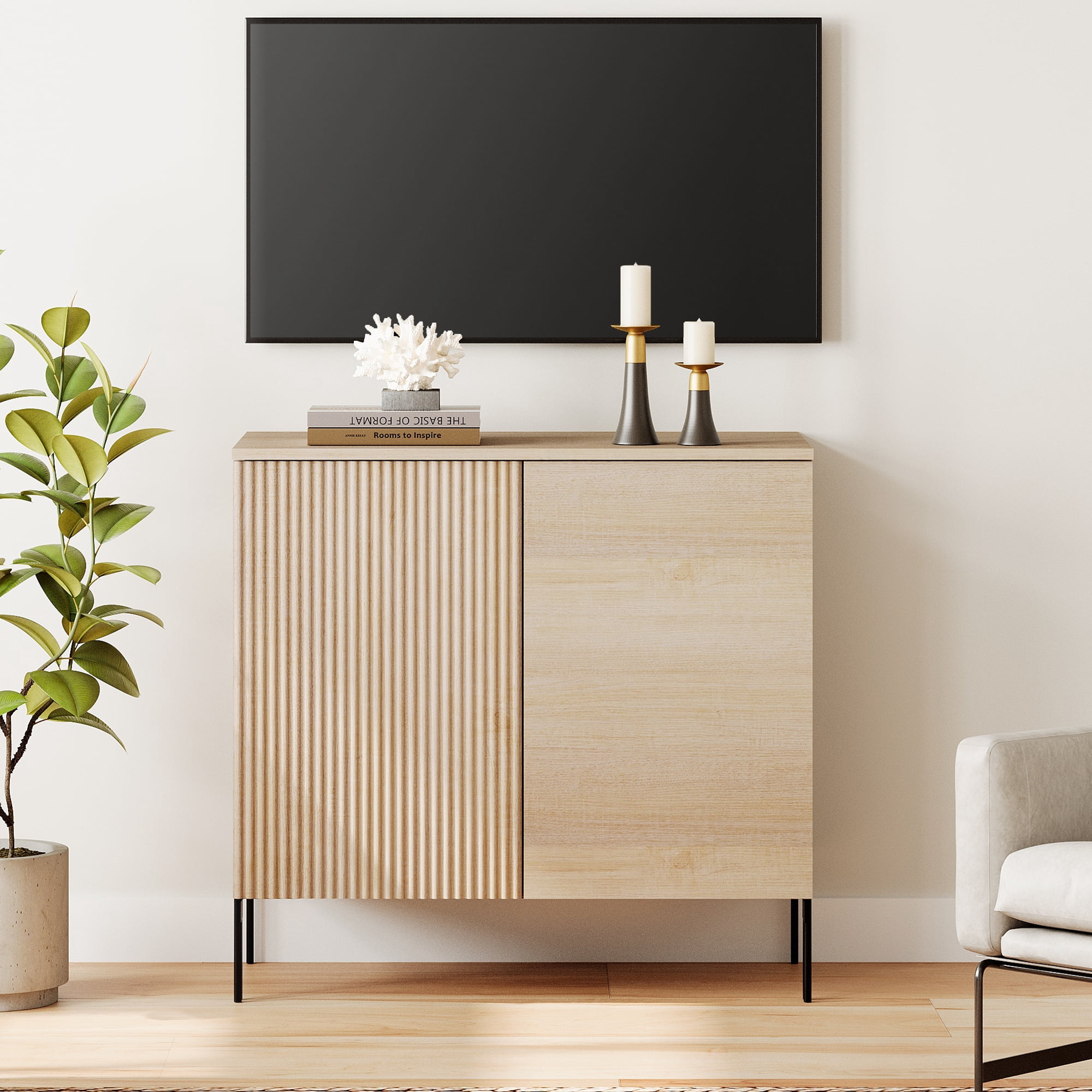 31.5" Modern Reeded TV Stand with Doors, Entertainment Center with Shelf, Wooden TV Console with Storage for Living Room