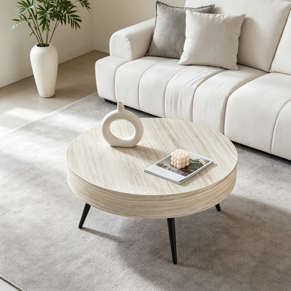 31.5" Modern Round Coffee Table, Small Coffee Table Center Table with Metal Legs and Wood Mars Marble-Patterned Tabletop for Living Room, Office, Apartment, Easy to Assemble