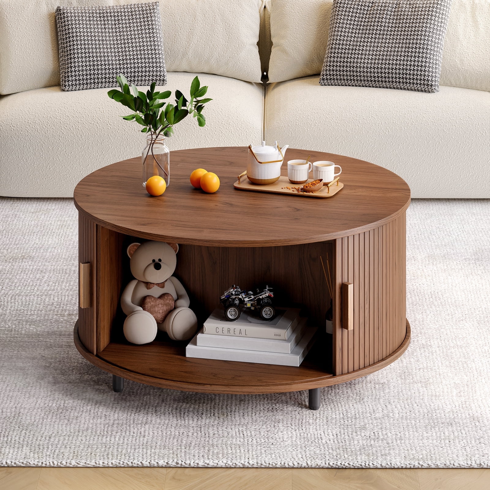 ROGALIS 31.5" Round Coffee Table with Storage, Modern Coffee Table with 360° Curved Sliding Door, Fluted Wood Coffee Table with Adjustable Footpads for Living Room, Walnut