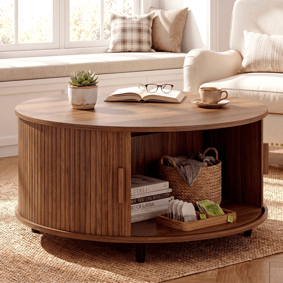 ROGALIS 31.5" Round Coffee Table with Storage, Modern Coffee Table with 360° Curved Sliding Door, Fluted Wood Coffee Table with Adjustable Footpads for Living Room, Walnut