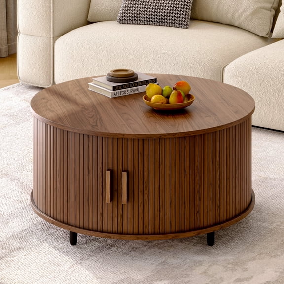 31.5" Modern Round Coffee Table with Storage and Curved 360° Sliding Door, Coffee Table, Fluted Wood Accent Coffee Table with Adjustable Footpads, Round Center Table for Living Room, Walnut
