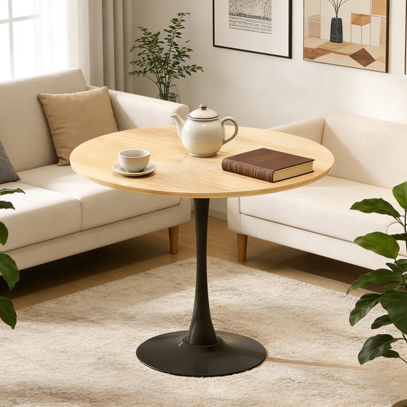 31.5" Modern Round Dining Table, Holaki Small Space Kitchen Table with MDF Top & Metal Base for Dining Room, Living Room, Coffee Corner, Natural Wood