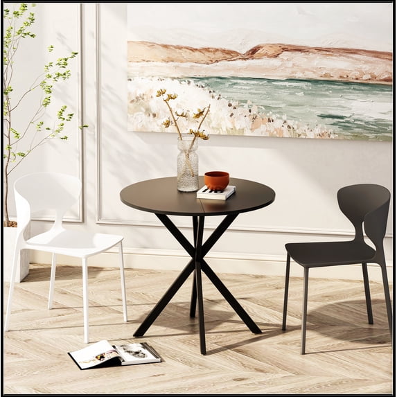 31.5'' Modern Round Dining Table with Crossed Legs, Black Occasional Table, Two Piece Detachable Table Top, Matte Finish Iron Legs