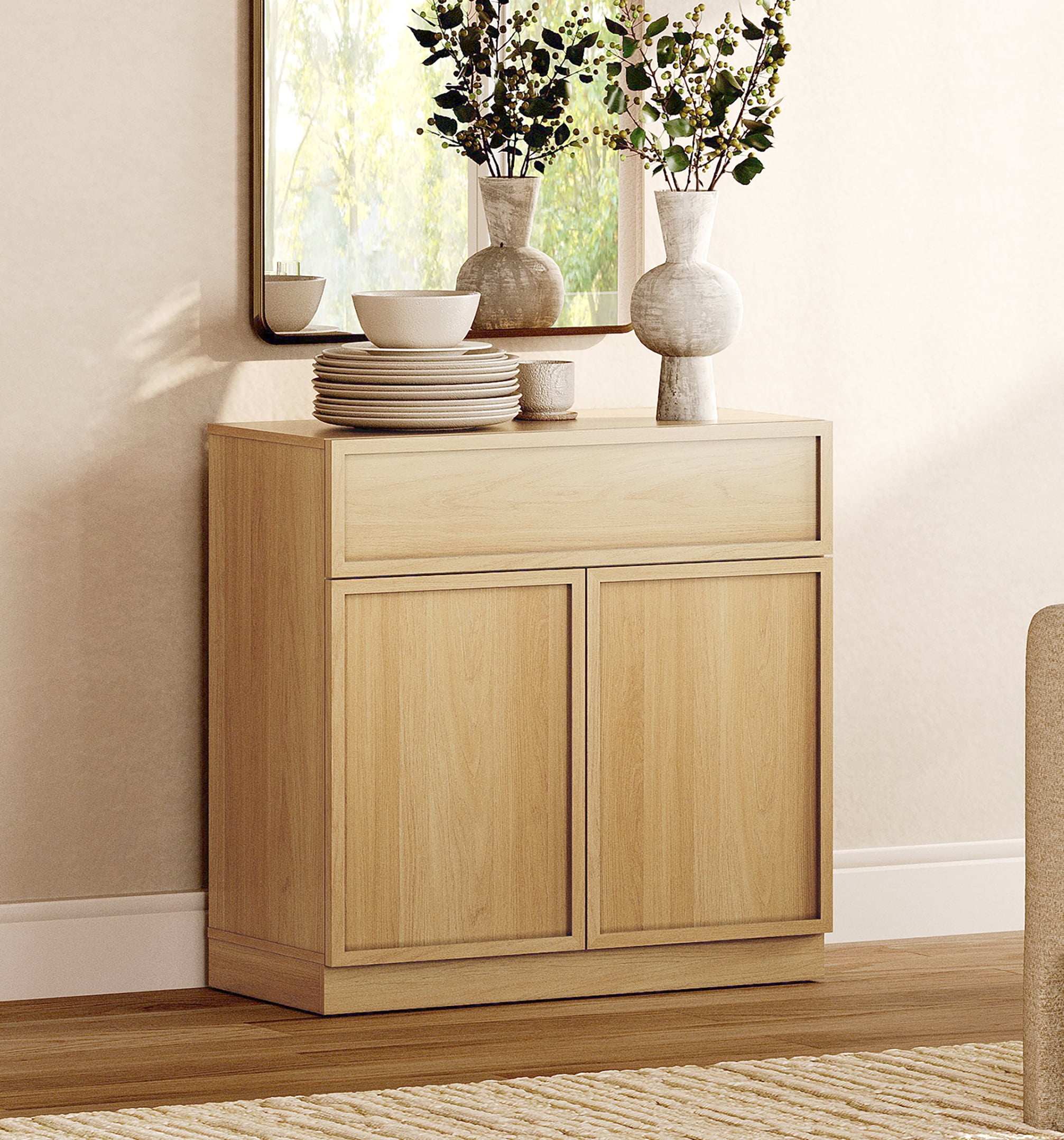 31.5" Modern Sideboard Buffet Cabinet with 2 Doors and Drawer, Multifunctional Sideboard with Large Storage and Adjustable Shelf, Oak