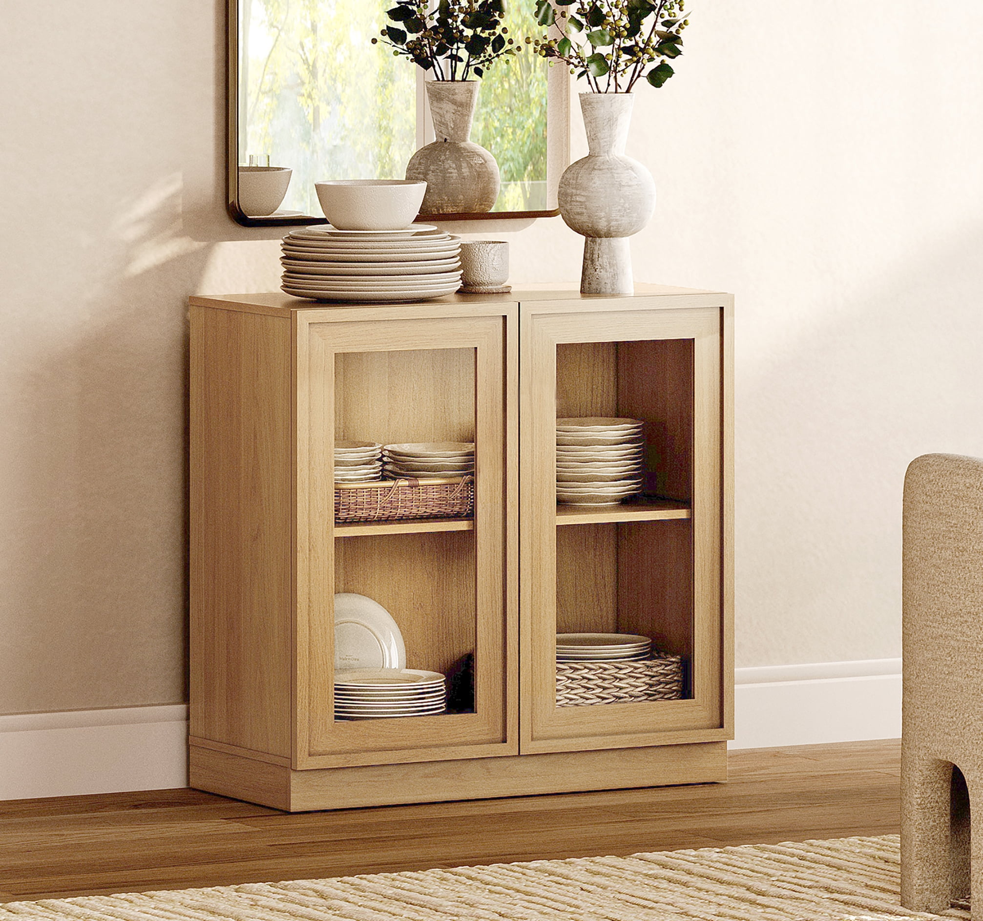 31.5" Modern Sideboard Buffet Cabinet with 2 Glass Doors, Multifunctional Sideboard with Large Storage and Adjustable Shelf, Oak