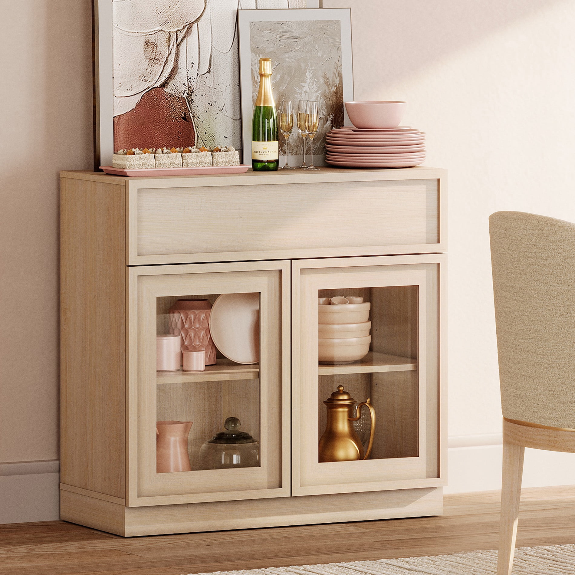 31.5" Modern Sideboard Buffet Cabinet with 2 Glass Doors and Drawer, Multifunctional Sideboard with Large Storage and Adjustable Shelf, Beige