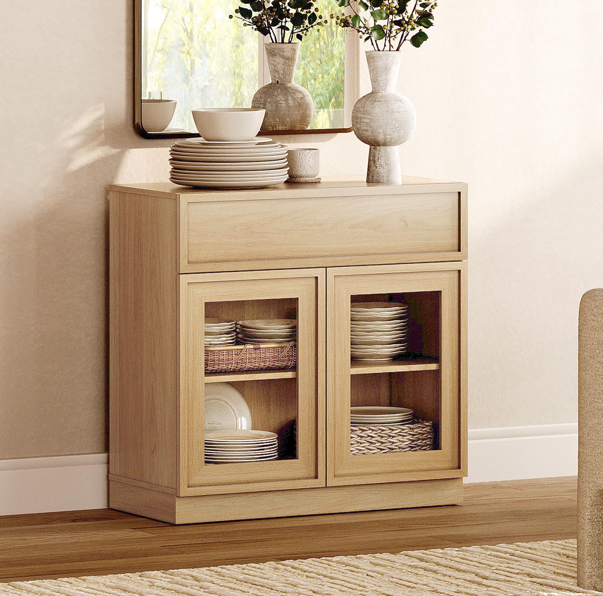31.5" Modern Sideboard Buffet Cabinet with 2 Glass Doors and Drawer, Multifunctional Sideboard with Large Storage and Adjustable Shelf, Oak