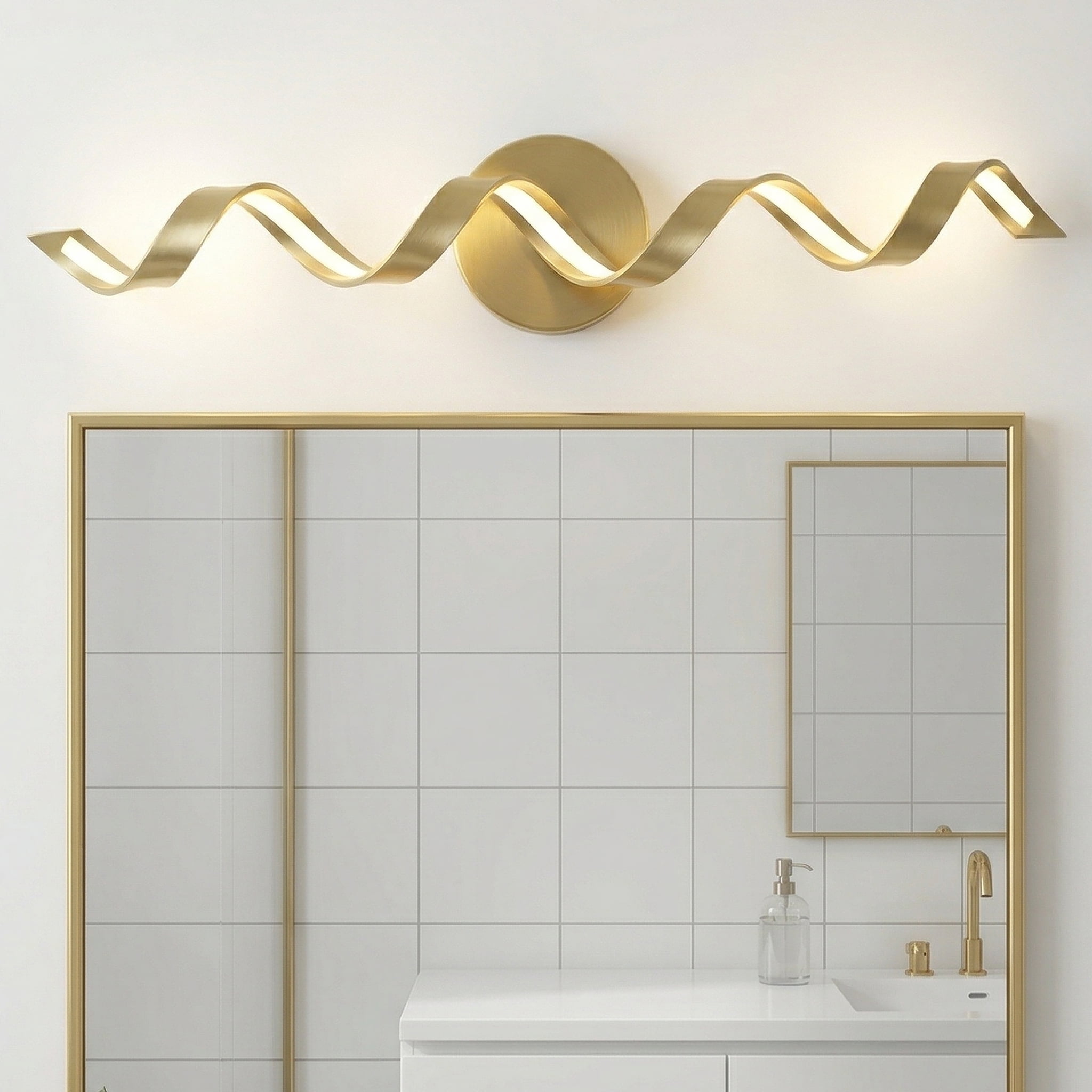 31.5" Modern Wave LED Vanity Light, Brushed Gold Iron & Aluminum Sconce for Bathroom Makeup