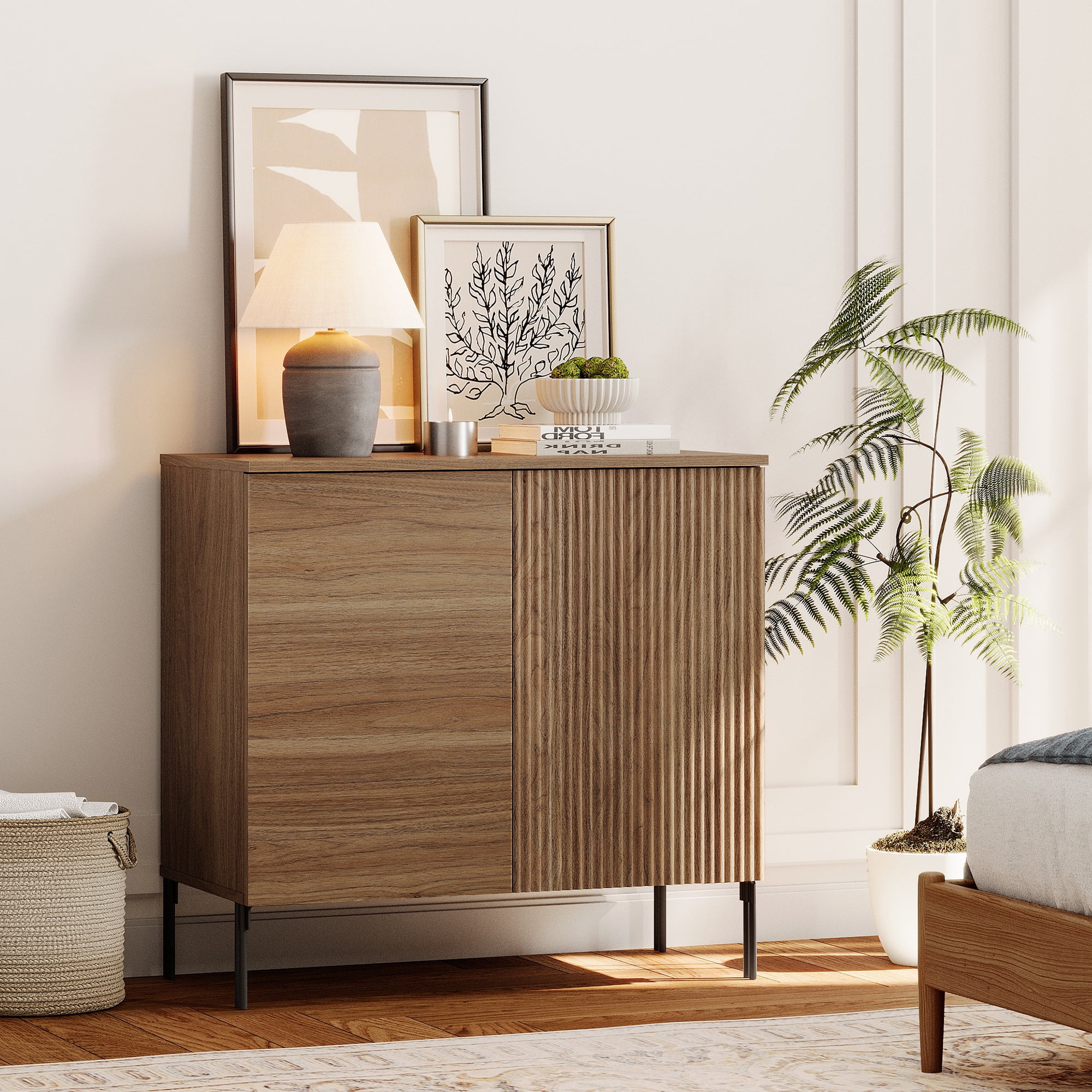 31.5" Modern Wood Reeded Dresser with Doors, Minimalist Dresser Organizer Storage Cabinet for Bedroom,Living room, Entryway