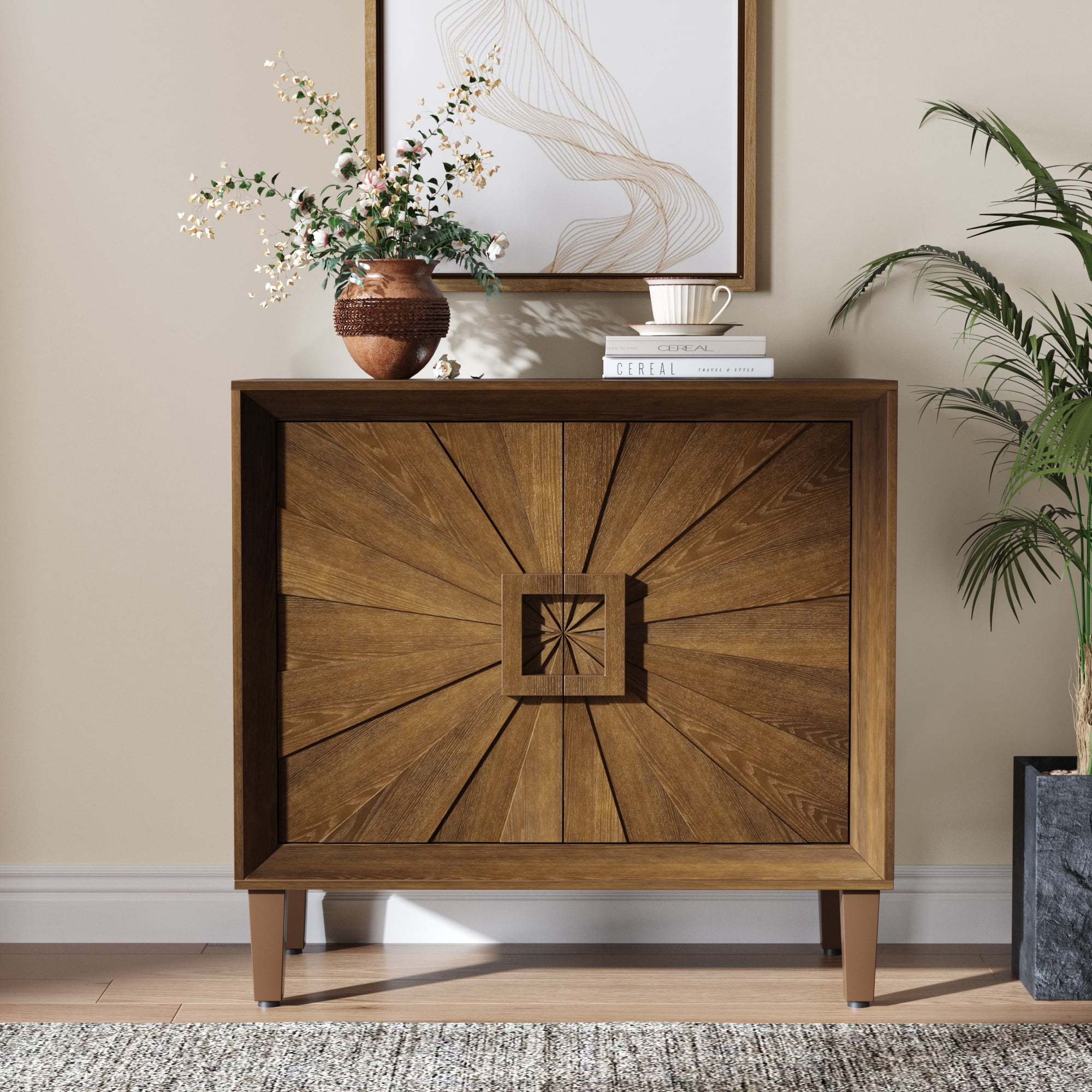 31.5" Modular Credenza Sideboard Buffet, Small Space Cabinet with Symmetrical Sunburst Doors, Accent Cabinet with Adjustable Shelves for Dining Room, Entryway & Hallway