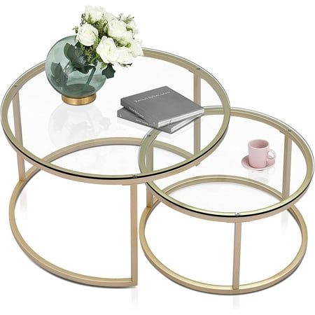 Nesting Coffee Table Set Round Glass Golden desktop Classic Dual Combination Creative Design White Gold