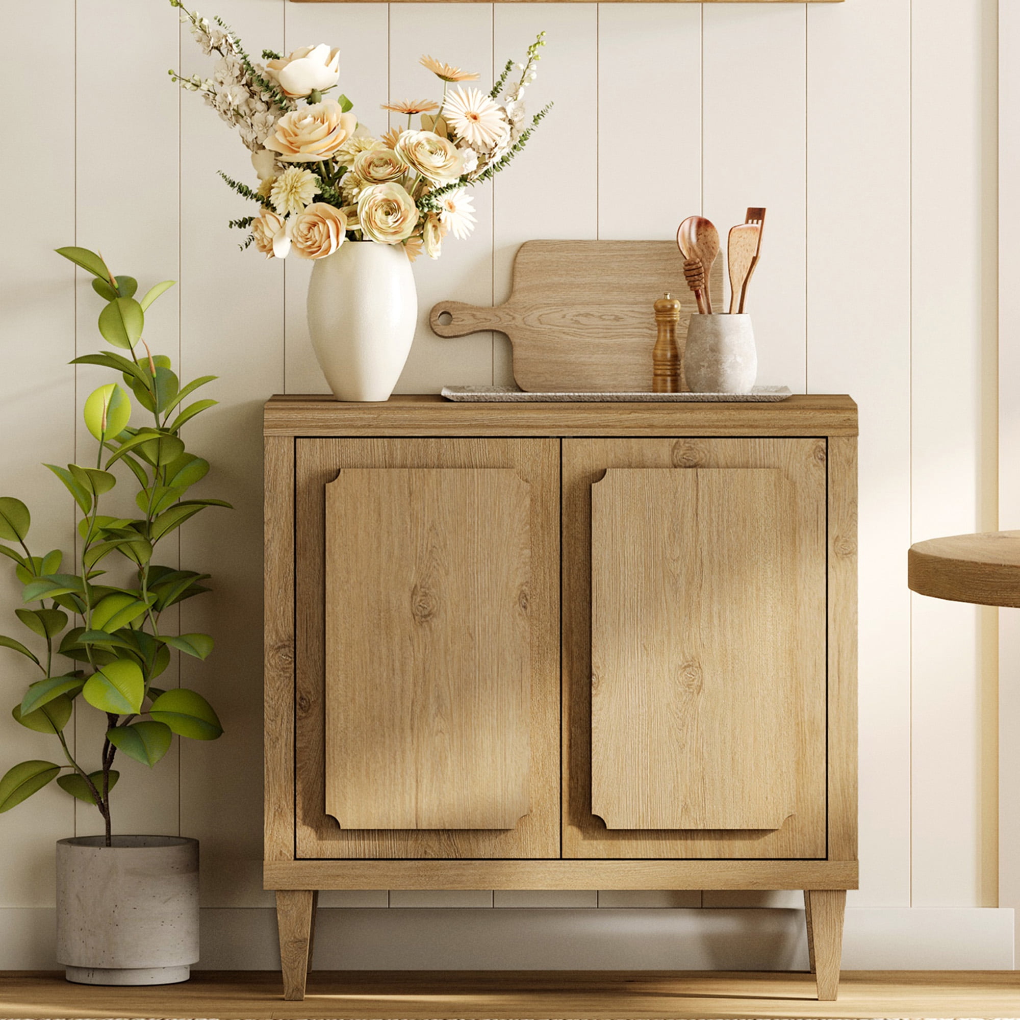 31.5" Oak Buffet Cabinet with Embossed Door, Modern Sideboard with Storage,Oak
